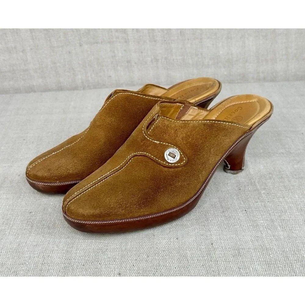 Vintage Cole Haan Tan Brown Suede Clogs Mules Slip On Block Heel Womens Size 8.5